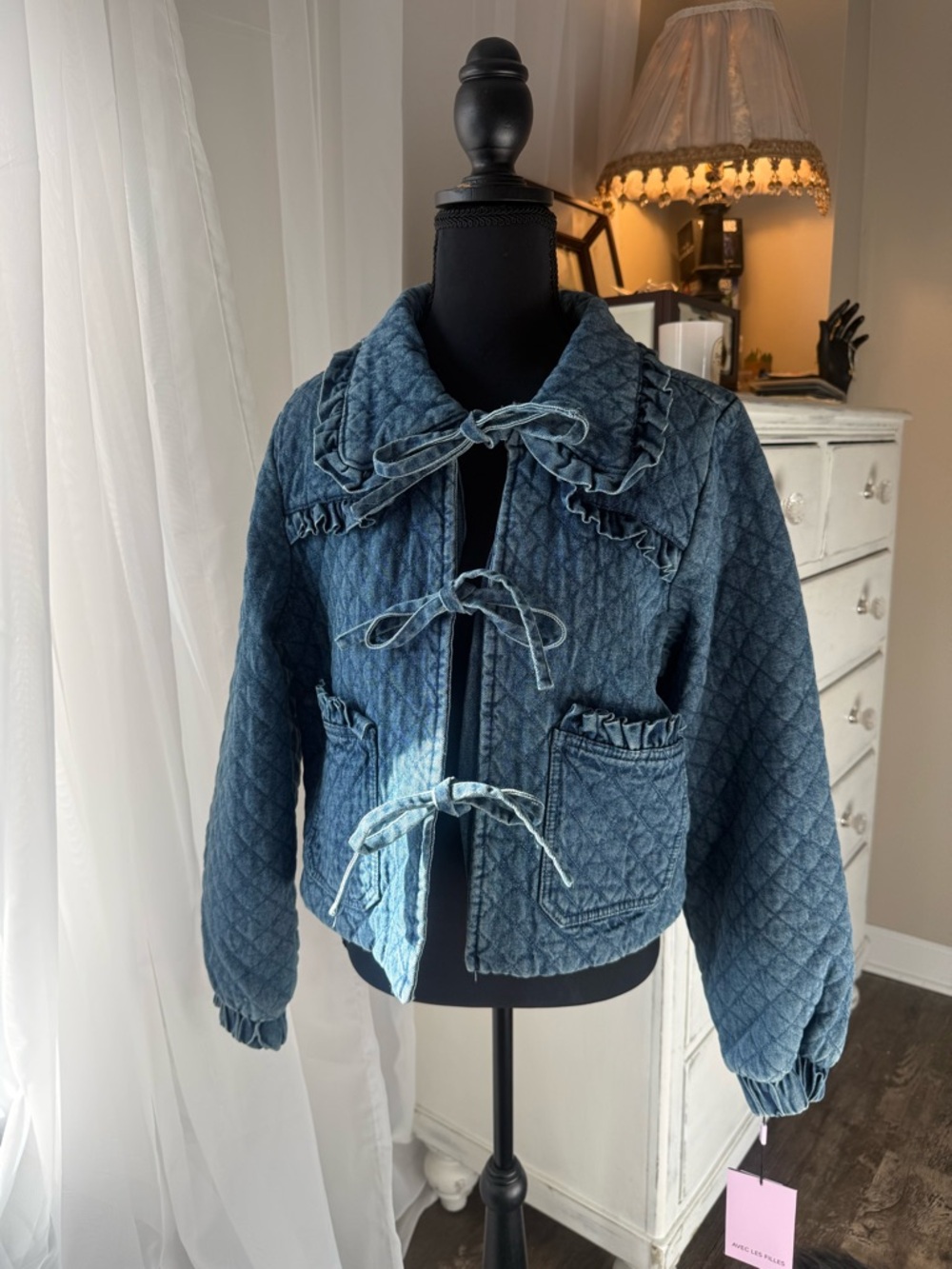Quilted Blue Denim Tie-Front Jacket